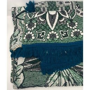 Bedspread Blue Green Floral w Blue Fringe Thick Boho Blanket 81”x82”